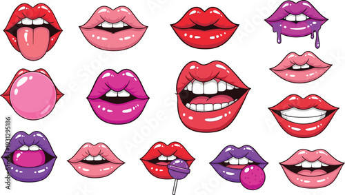 Sexy Woman Lips Vector Set Featuring Various Mouth Expressions, Bright Red and Pink Lipstick, Glossy Smiles, Tongue Out, Lollipops, and Bubblegum for Beauty and Fashion Designs