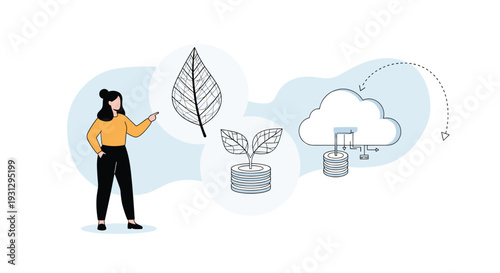 Sustainable development and green finance concept with a woman pointing to leaves and a data-driven cloud icon.