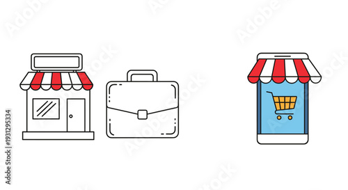 Omni channel retail and business commerce concept showing store front, briefcase, and mobile shopping app icon.