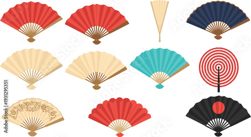 Traditional Asian Folding Hand Fan Vector Set with Colorful Japanese and Chinese Style Paper Fans for Cultural Events, Fashion, and Decorative Oriental Art Designs