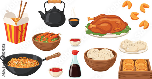 Traditional Chinese Food Vector Set with Noodles, Dim Sum, Steamed Dumplings, Roasted Turkey, Fortune Cookies, and Tea for Asian Restaurant Menus and Culinary Designs