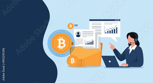 Cryptocurrency customer support service concept featuring a professional woman with headset and Bitcoin data.
