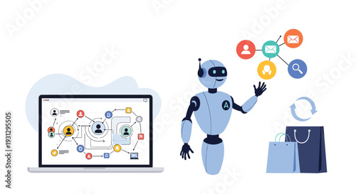 Automated social marketing and retail networking concept with a robot assistant, laptop, and shopping bags.
