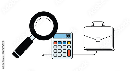 Professional financial auditing and business account management concept with a magnifying glass and calculator.