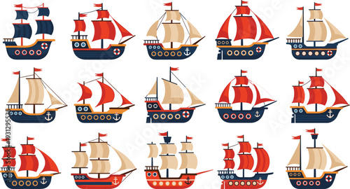 Vintage Sailing Ships Vector Set Featuring Traditional Galleons, Caravels, and Nautical Vessels with Red and White Sails for Maritime and Adventure Designs