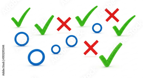 A vector graphic illustration of checkmarks and X's with circles on a white background