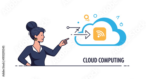 Cloud computing technology and wireless communication concept with a woman pointing at a cloud and Wi-Fi icon.