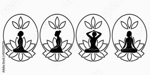 Three meditating figures in circular frames with floral designs and lotus symbols