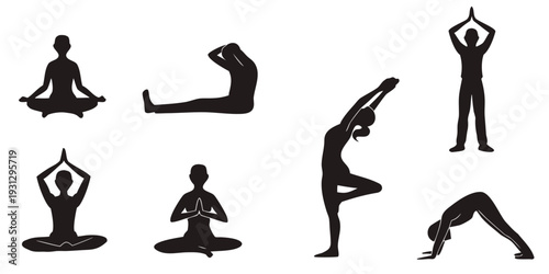 Diverse individuals performing various yoga poses in black silhouette style.