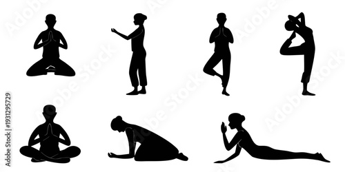 Eight distinct yoga poses illustrated in a simple and clear manner.