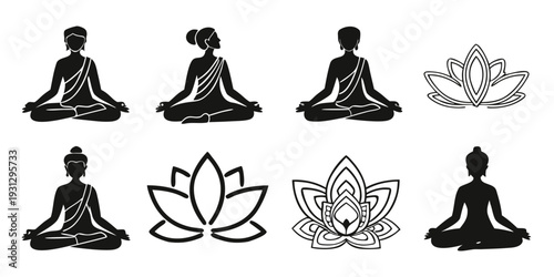 Eight distinct yoga poses and lotus flowers arranged in a symmetrical pattern