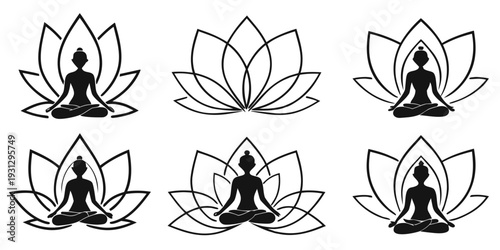 Eight black and white illustrations of meditating figures in lotus positions surrounded by lotus flowers