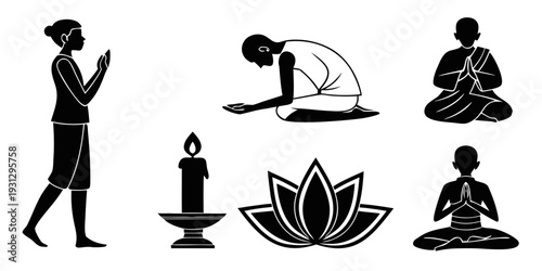 Illustration of various yoga poses and meditation symbols