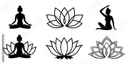 Six black and white illustrations of yoga poses and lotuses