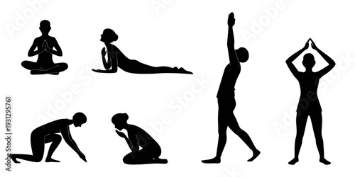 A series of six different yoga poses demonstrated by silhouettes