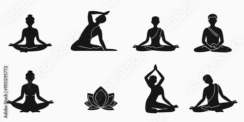 Diverse yoga poses illustrated in a minimalist black and white style