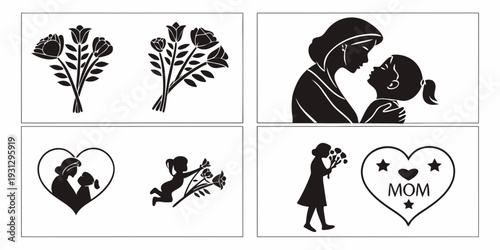 A collection of romantic and love-themed illustrations including flowers, hearts, and couples.