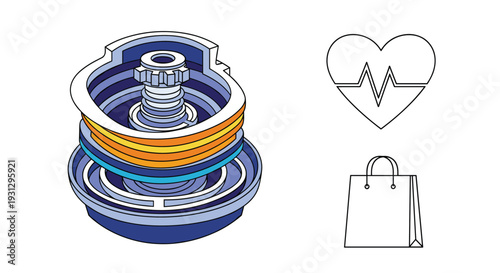 Life balance and health management featuring a technical engine mechanism alongside a heart rhythm and a shopping bag icon.