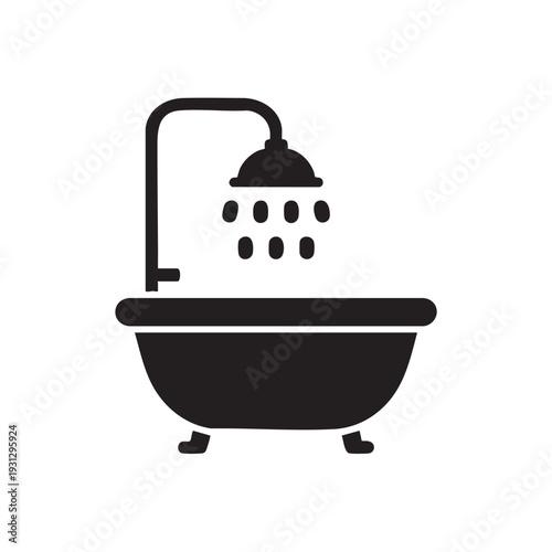 Relaxing bath scene with shower, bathtub, and water droplets, viewed from the side in a simple illustration style