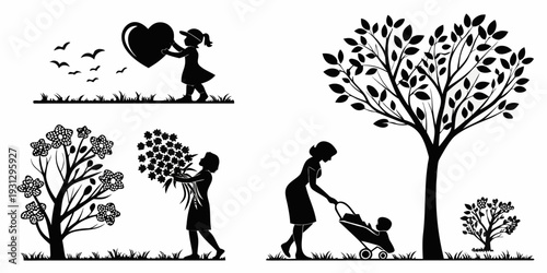 Four illustrations of couples tending to trees, symbolizing love and care in relationships.