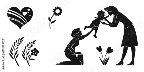 Mother and child planting flowers in a garden with heart and plant icons
