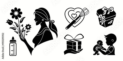 Valentine's day icons featuring a woman, flowers, hearts, teddy bear, and gifts