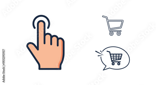 Ease of mobile shopping experience with a finger icon touching a screen and multiple shopping cart symbols for product selection and carting.