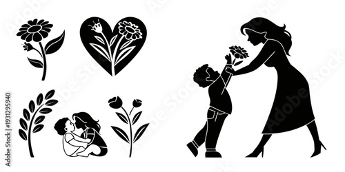 Mother and child embracing with heart and nature illustrations around them