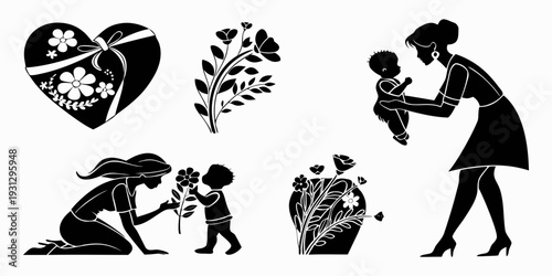 A collection of black and white illustrations depicting various acts of kindness and care