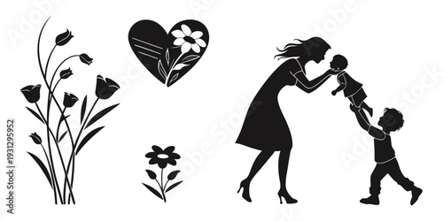 A woman and child embracing in front of a heart and flowers illustration