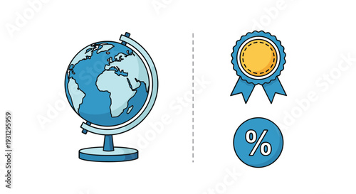 Global achievement and market discounts represented by a desk globe, a blue award medal ribbon, and a percentage discount icon.