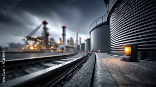Lights illuminate railway tracks beside large storage tanks in an industrial area during dusk