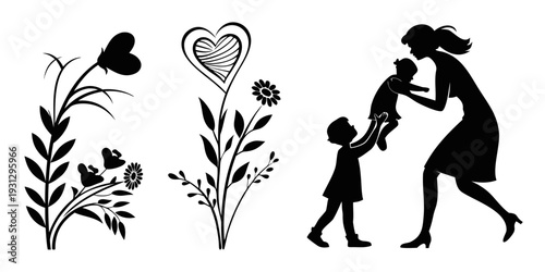 Mother and child in a garden with flowers and hearts