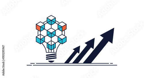Innovative blockchain ideas leading to market growth shown by a lightbulb containing a network of cubes and three upward pointing arrows.