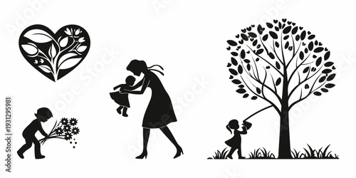 People planting trees and flowers in a garden with a heart-shaped tree.