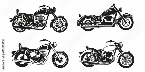 Five vintage motorcycles displayed in a row with detailed designs and features
