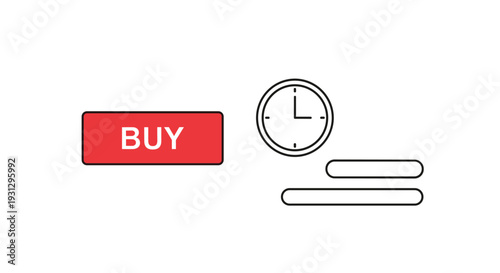 Time-sensitive purchase opportunity featuring a prominent red buy button next to a simple clock and horizontal lines for urgent scheduling.