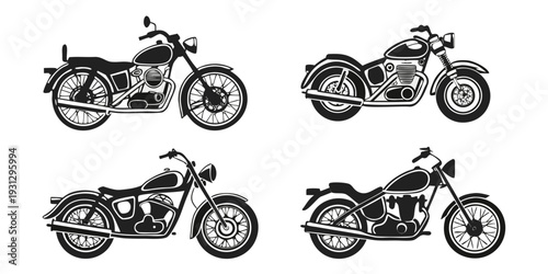 Six different motorcycles lined up in a row, showcasing various styles and designs.