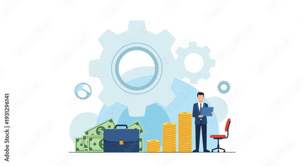 Naklejka premium Business operations and financial management featuring large gears, a man with a tablet, a briefcase, and growing stacks of money.