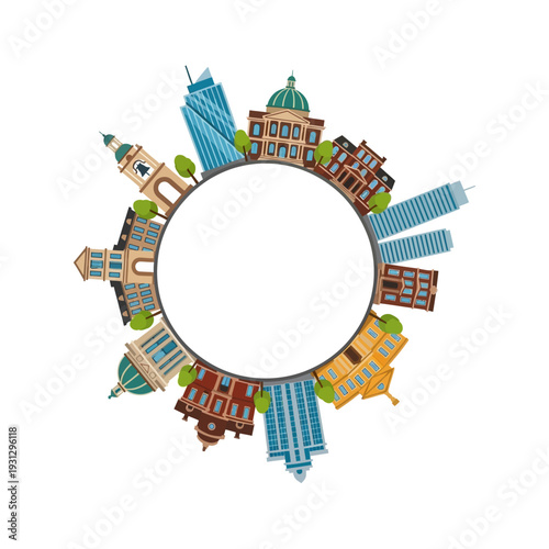 Cityscape circle with famous landmarks and buildings around a blank white space.