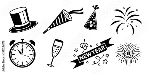 Assorted celebration and time-related icons in black and white