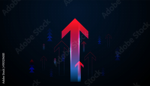 Bold red arrows rise against a dark grid, symbolizing digital growth in technology, Finance, and Business sectors. Glowing arrows for business growth concept