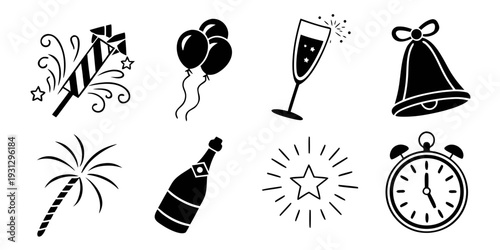 Celebration icons featuring party, time, and sparkling elements