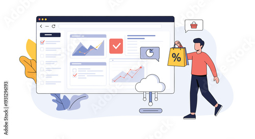 E-commerce analytics and customer behavior monitoring featuring a web dashboard, a man holding a discount bag, and a cloud server.