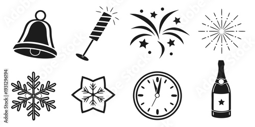 Symbols of celebration and festivity including a bell, syringe, fireworks, snowflake, star, clock, and champagne bottle