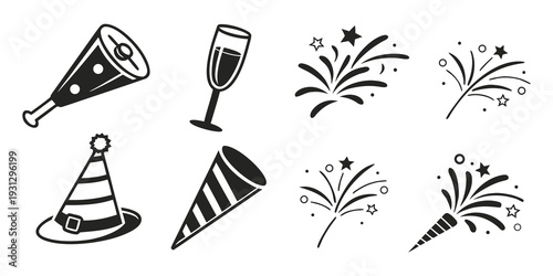 Assorted party items including hats, glasses, and fireworks