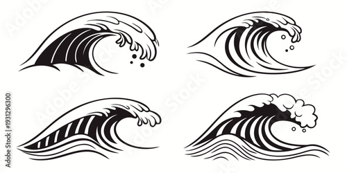 Four distinct artistic interpretations of ocean waves in black and white