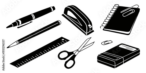 A collection of various office supplies neatly arranged on a white background.