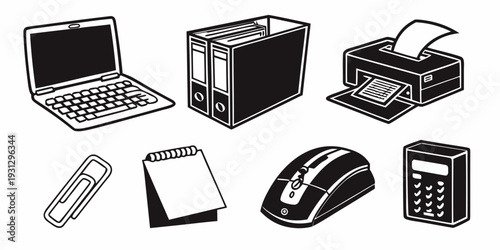 A collection of various office equipment and devices commonly used in a workplace setting.