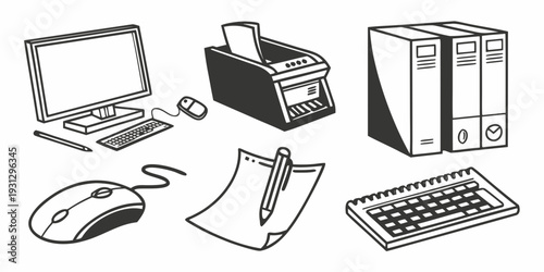 A collection of office supplies including a computer, mouse, keyboard, printer, and files.